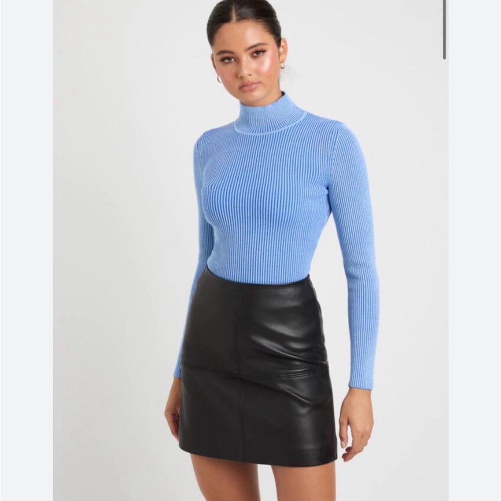 Kookai Shirt Top Womens‎ 0 34-36 blue Rib Knit Long Sleeve mock Neck Casual